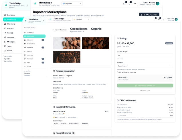 TradeBridge marketplace screens