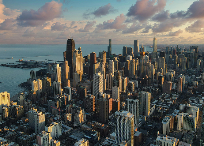 City skyline at sunset